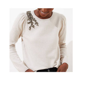 LOFT round neck crystal flower sweater XS